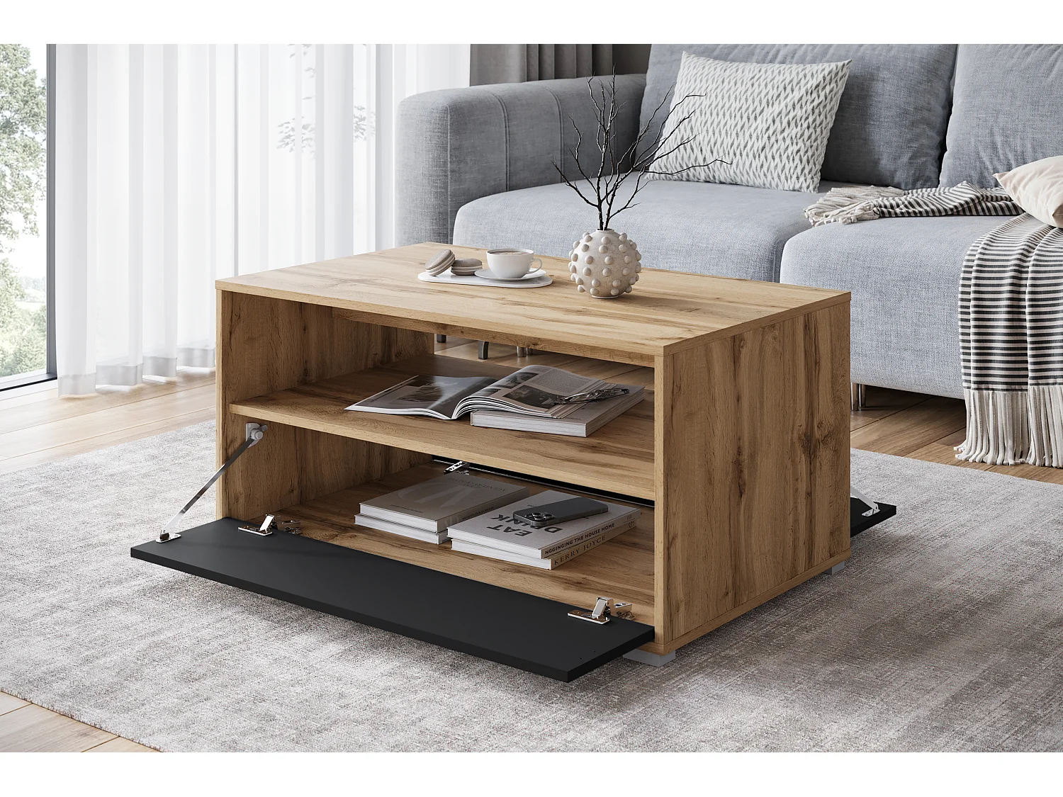 Moderne salontafel rechthoekig met plank en opbergruimte, 90 cm, eik wotan, zwart mat