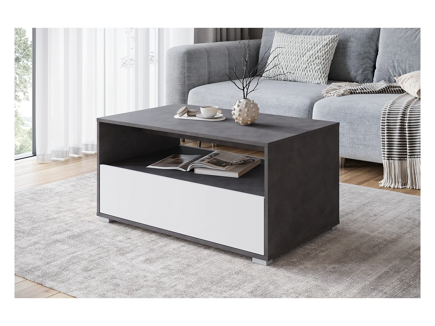 Mesa de centro moderna retangular com prateleira e compartimento, 90 cm, matera, branco