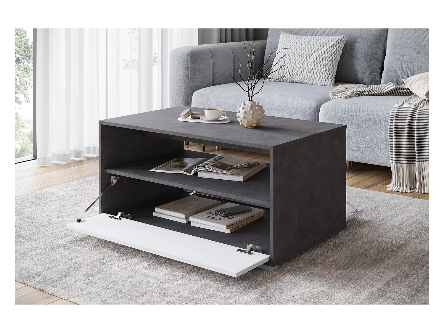 Mesa de centro moderna retangular com prateleira e compartimento, 90 cm, matera, branco