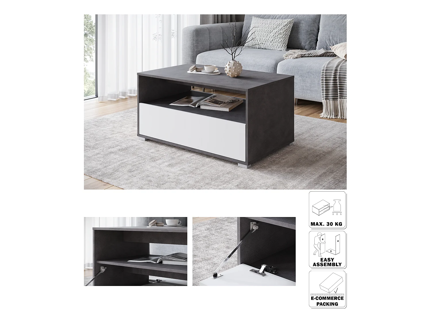 Mesa de centro moderna retangular com prateleira e compartimento, 90 cm, matera, branco