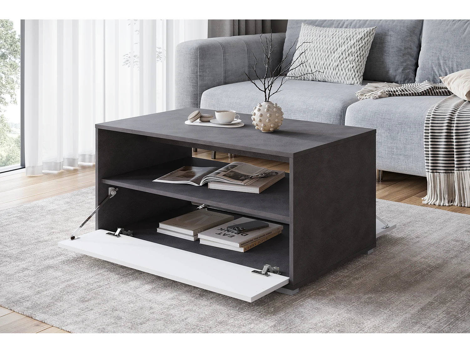 Nowoczesny stolik kawowy do salonu, prostokątny z półką i schowkiem, 90 cm, matera, biały