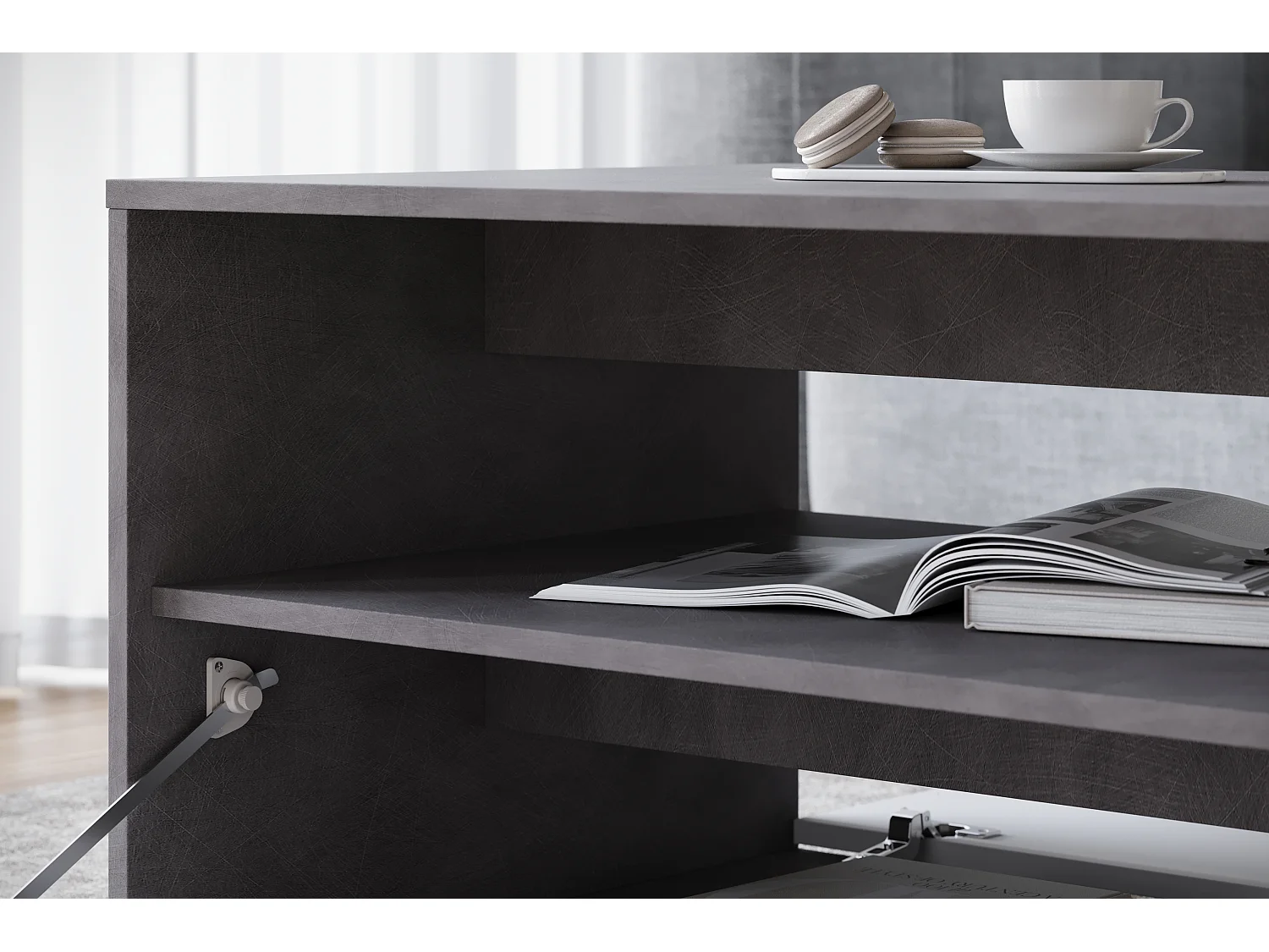 Nowoczesny stolik kawowy do salonu, prostokątny z półką i schowkiem, 90 cm, matera, biały