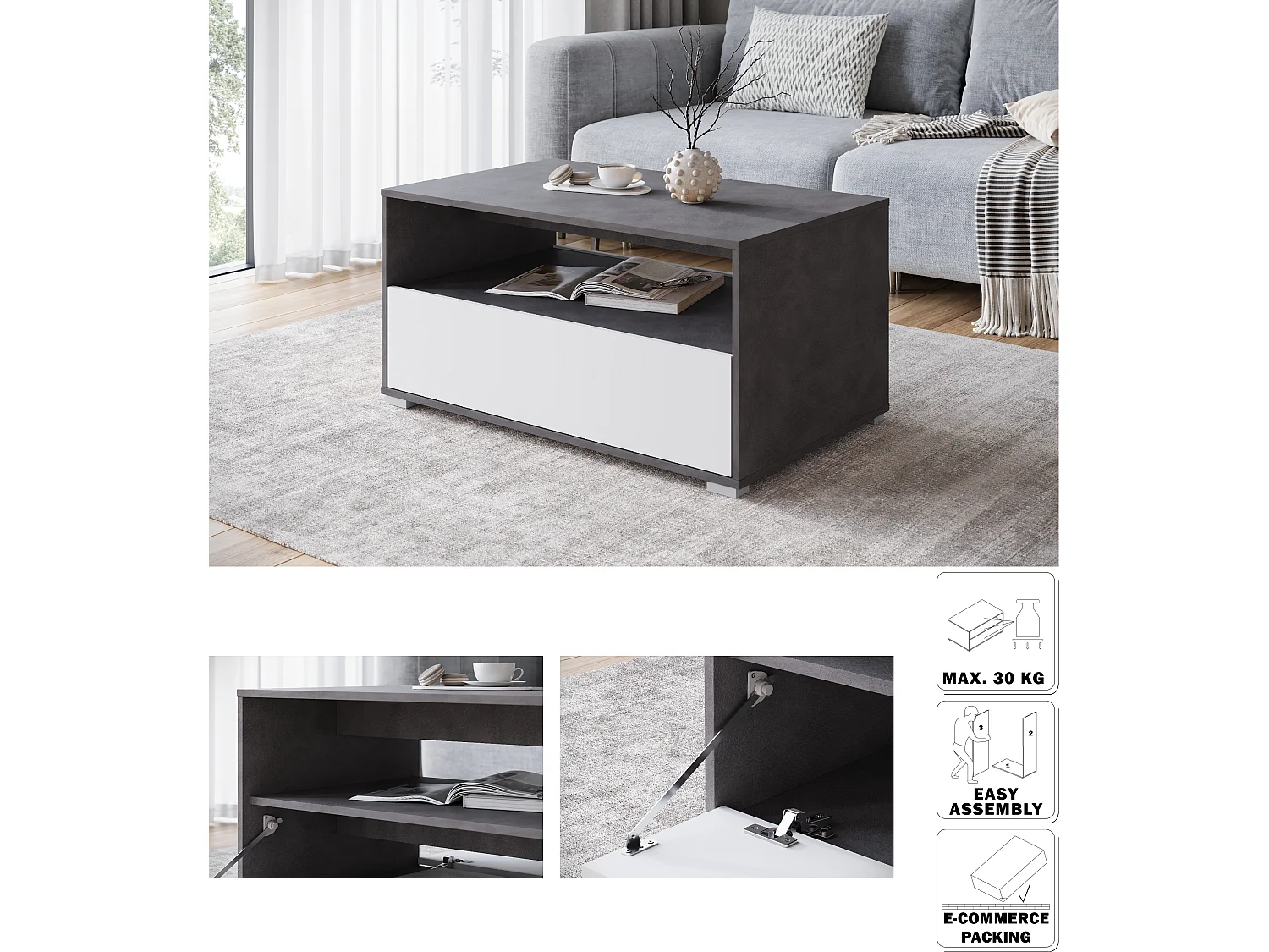 Nowoczesny stolik kawowy do salonu, prostokątny z półką i schowkiem, 90 cm, matera, biały