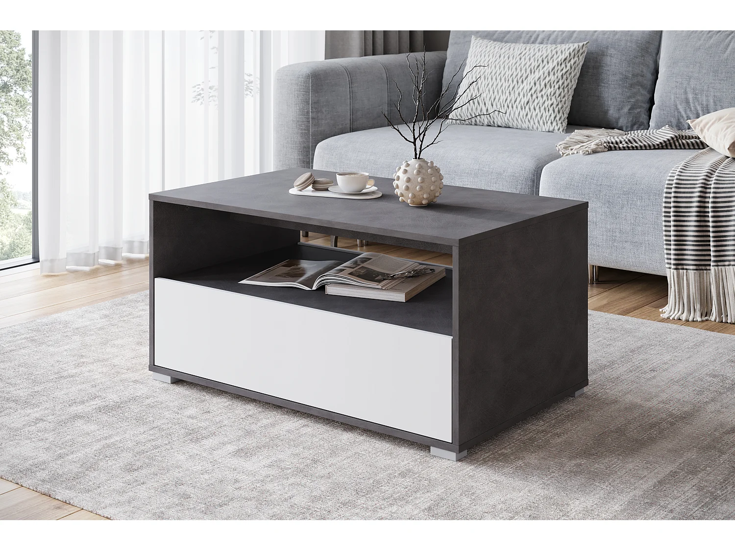 Table basse moderne rectangulaire avec étagère et compartiment, 90 cm, matera, blanc