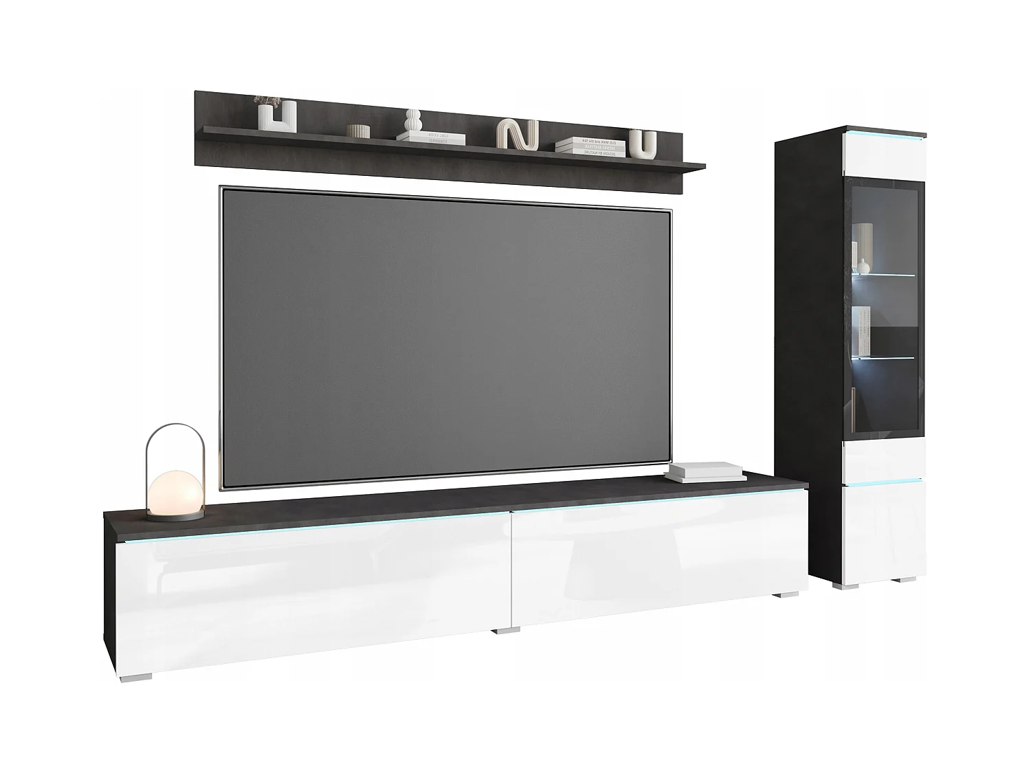 Ensemble moderne de meubles de salon 3 éléments – meuble TV 180 cm, vitrine et étagère, corps matera mat, façades blanc brillant, autoportant ou suspendu
