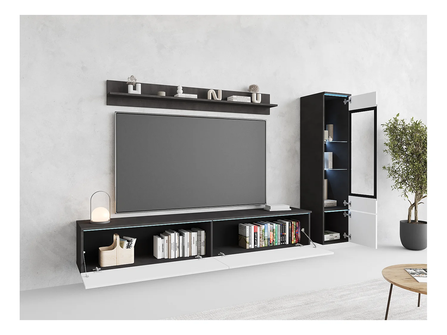 Ensemble moderne de meubles de salon 3 éléments – meuble TV 180 cm, vitrine et étagère, corps matera mat, façades blanc brillant, autoportant ou suspendu