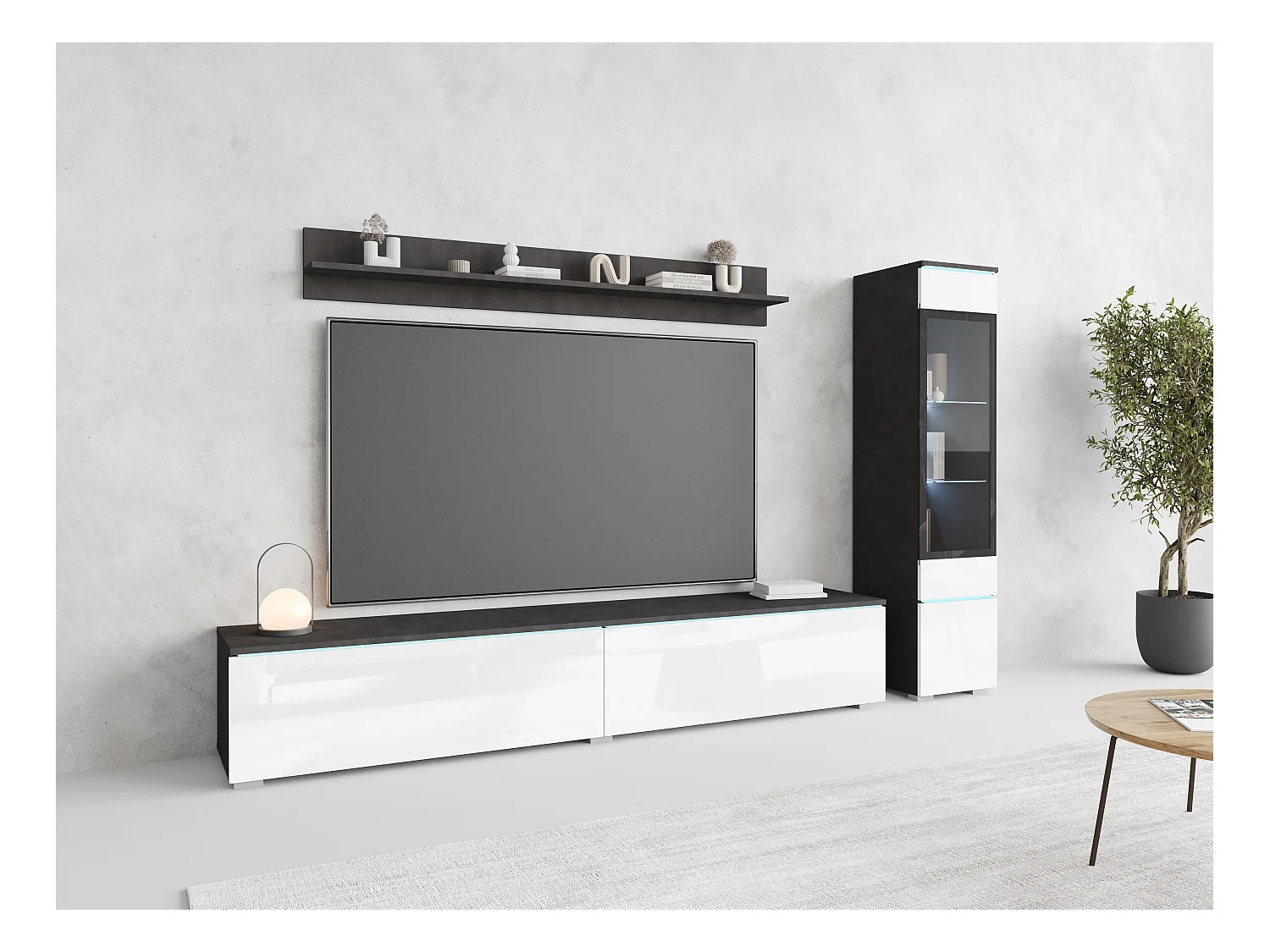 Ensemble moderne de meubles de salon 3 éléments – meuble TV 180 cm, vitrine et étagère, corps matera mat, façades blanc brillant, autoportant ou suspendu