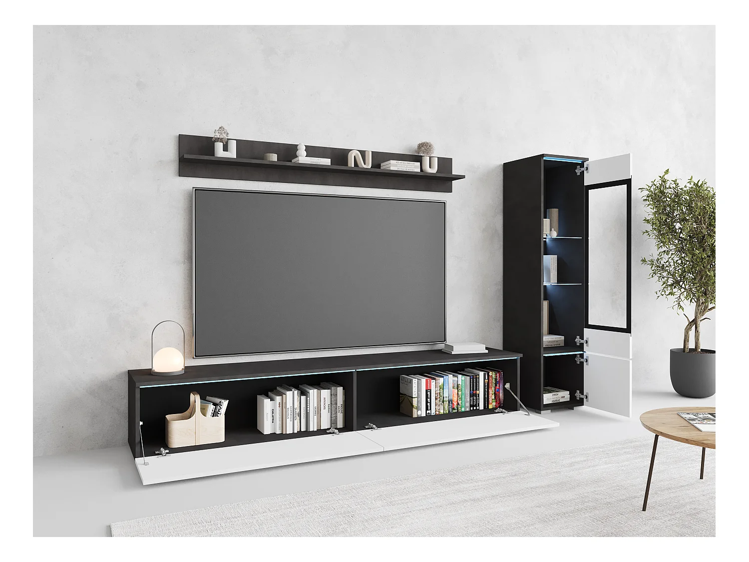 Ensemble moderne de meubles de salon 3 éléments – meuble TV 180 cm, vitrine et étagère, corps matera mat, façades blanc brillant, autoportant ou suspendu