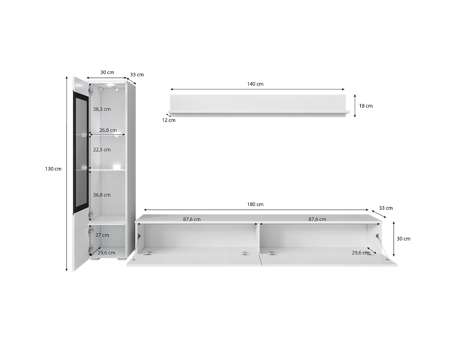 Ensemble moderne de meubles de salon 3 éléments – meuble TV 180 cm, vitrine et étagère, corps matera mat, façades blanc brillant, autoportant ou suspendu