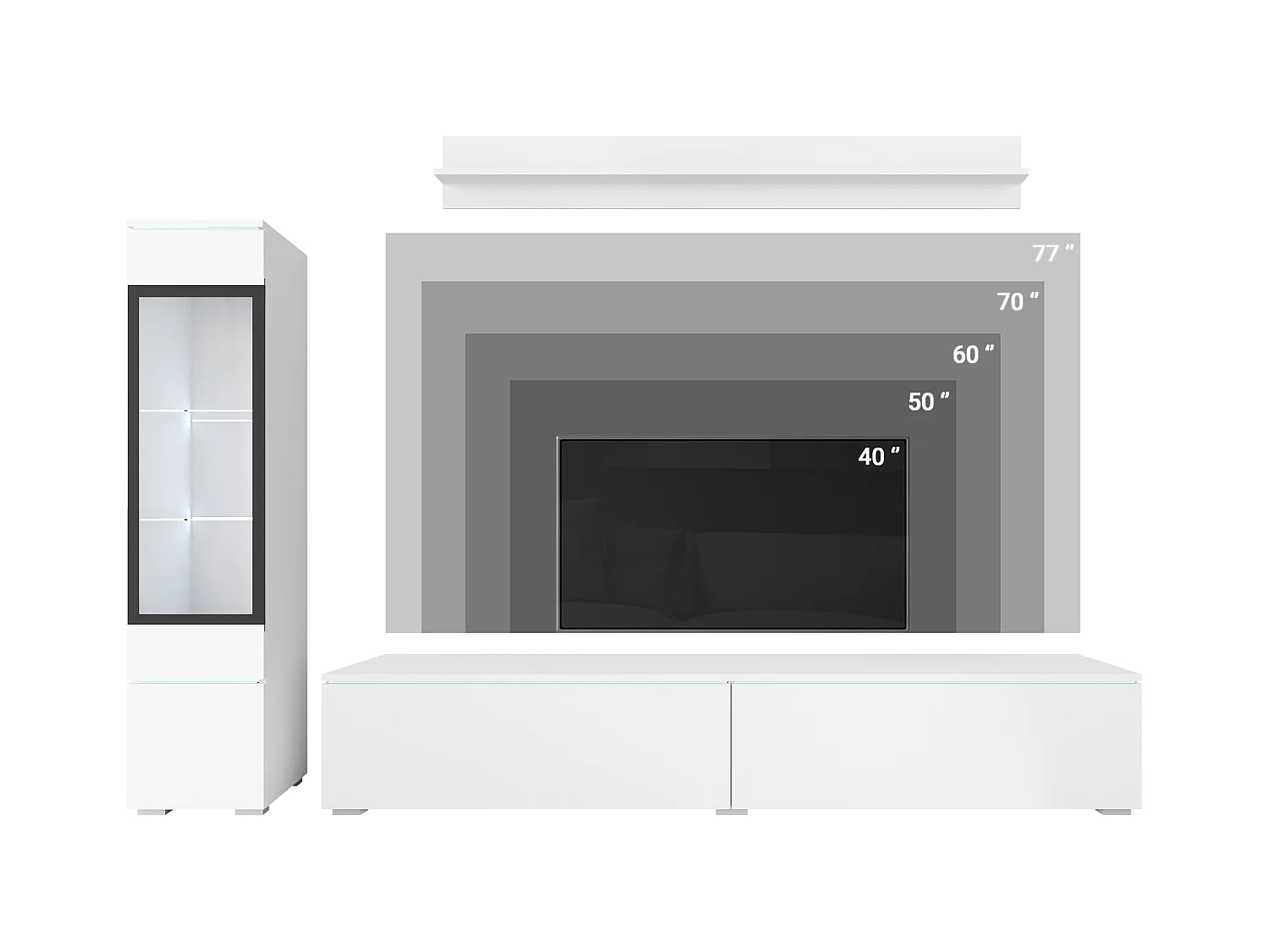 Ensemble moderne de meubles de salon 3 éléments – meuble TV 180 cm, vitrine et étagère, corps matera mat, façades blanc brillant, autoportant ou suspendu