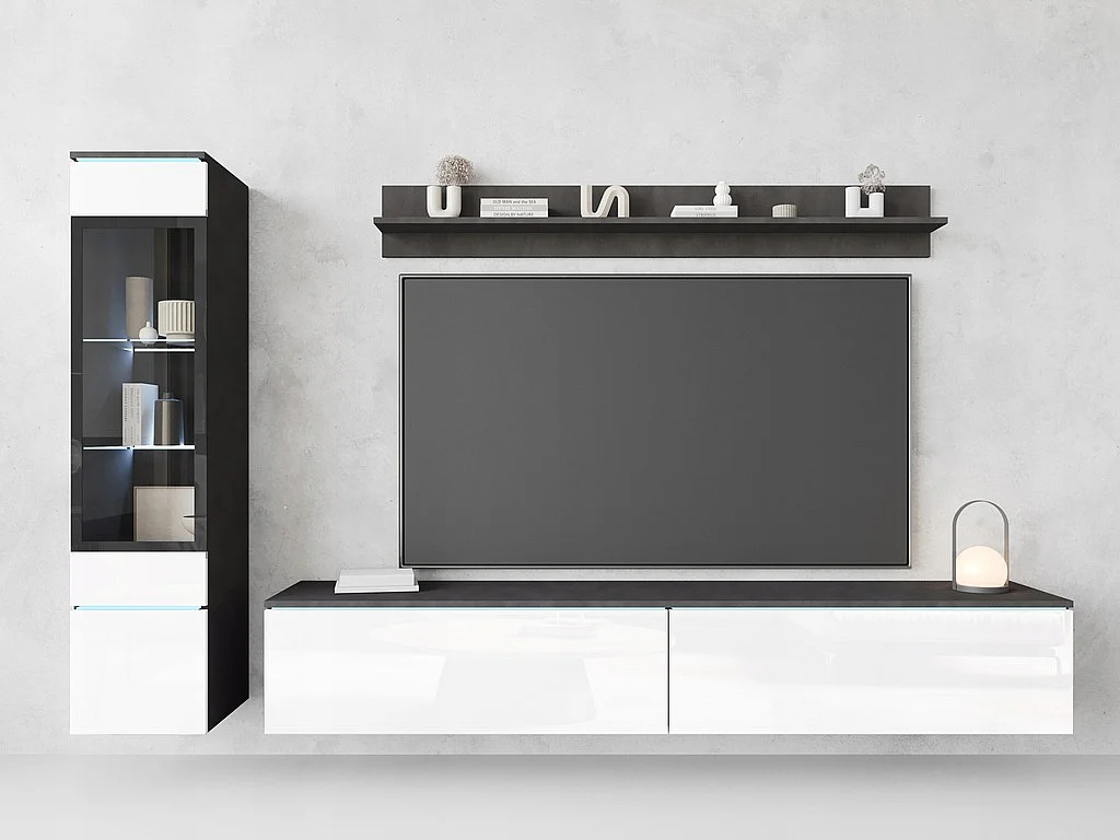 Ensemble moderne de meubles de salon 3 éléments – meuble TV 180 cm, vitrine et étagère, corps matera mat, façades blanc brillant, autoportant ou suspendu