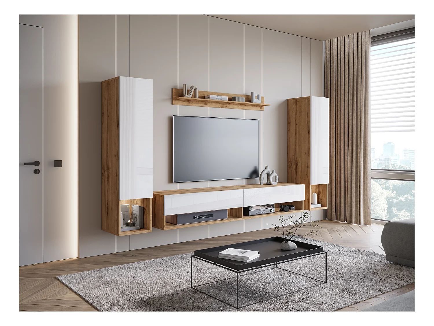 Mur TV moderne – ensemble suspendu pour salon avec 2 colonnes + meuble TV 180 cm + étagère, corps chêne wotan mat, façades blanc brillant