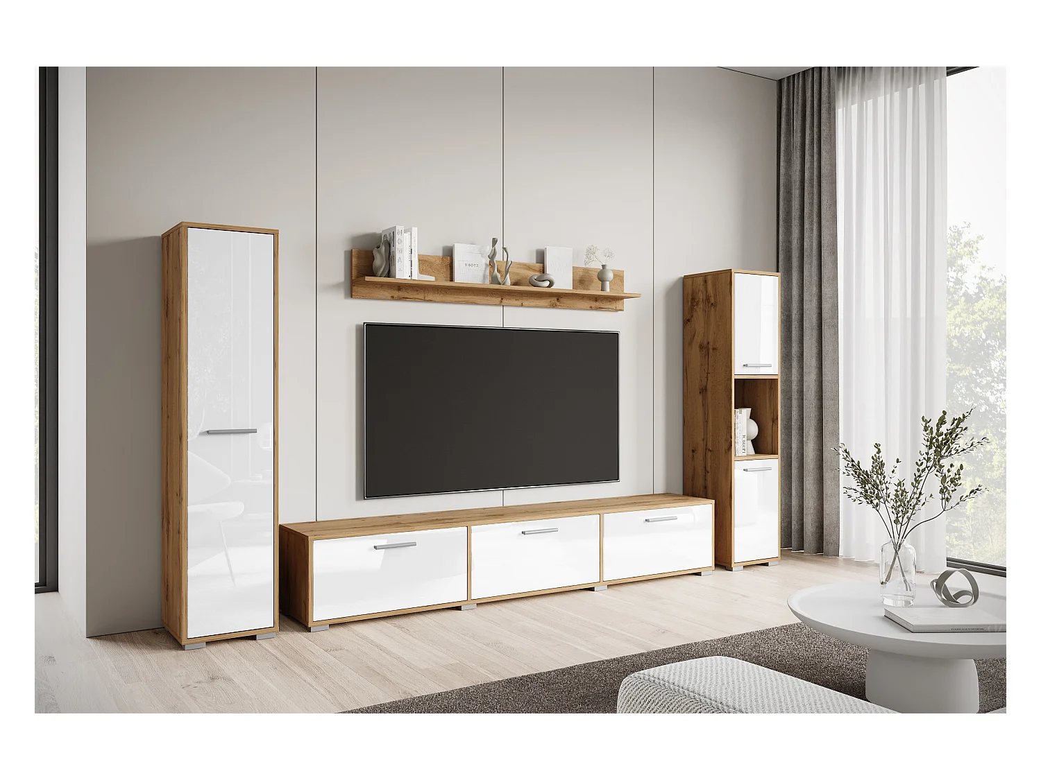 Nowoczesna meblościanka zestaw wisząco-stojący, szafka RTV 180 cm, 2 słupki, półka, korpus Dąb Wotan mat fronty biały połysk