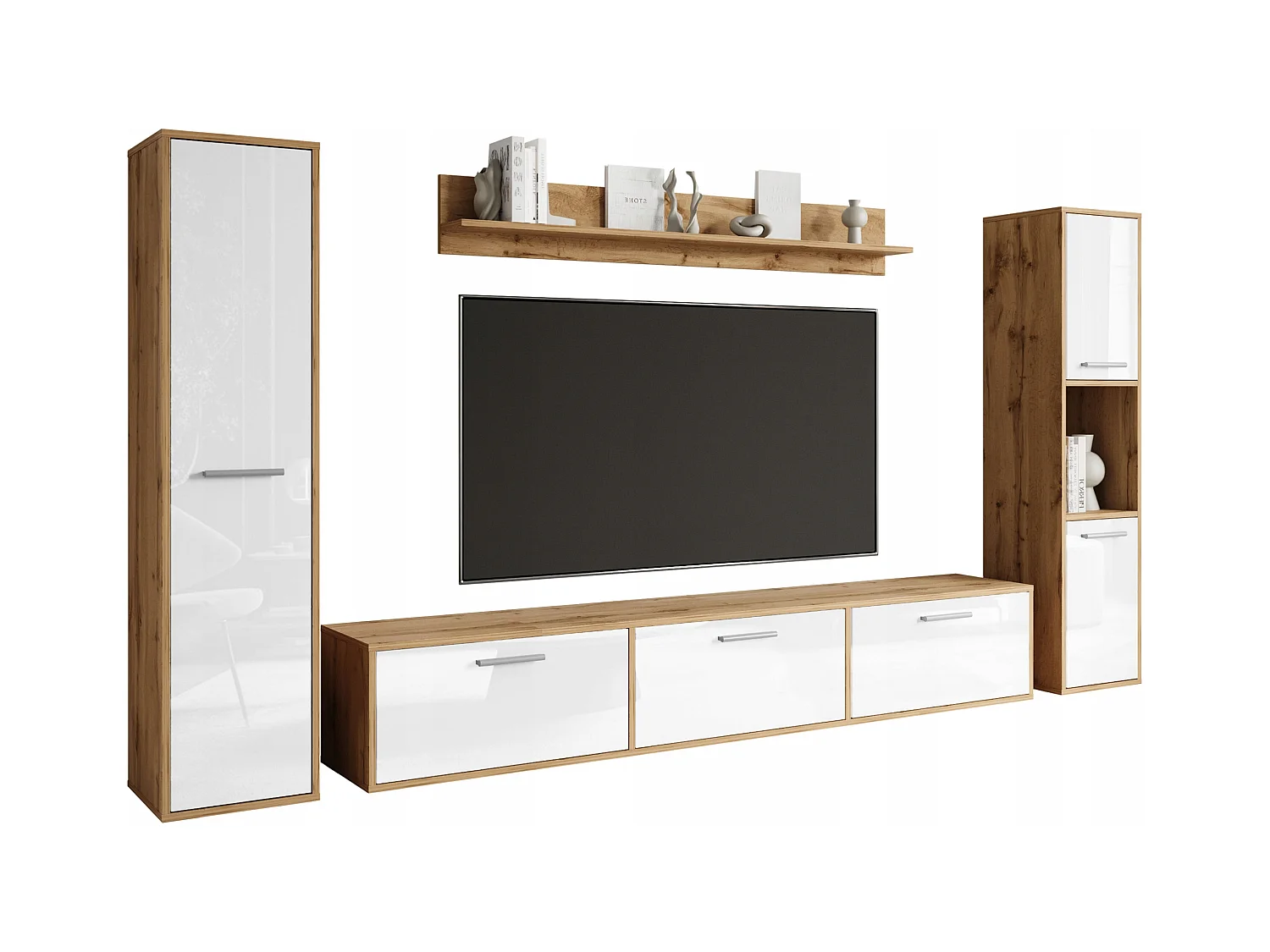 Nowoczesna meblościanka zestaw wisząco-stojący, szafka RTV 180 cm, 2 słupki, półka, korpus Dąb Wotan mat fronty biały połysk
