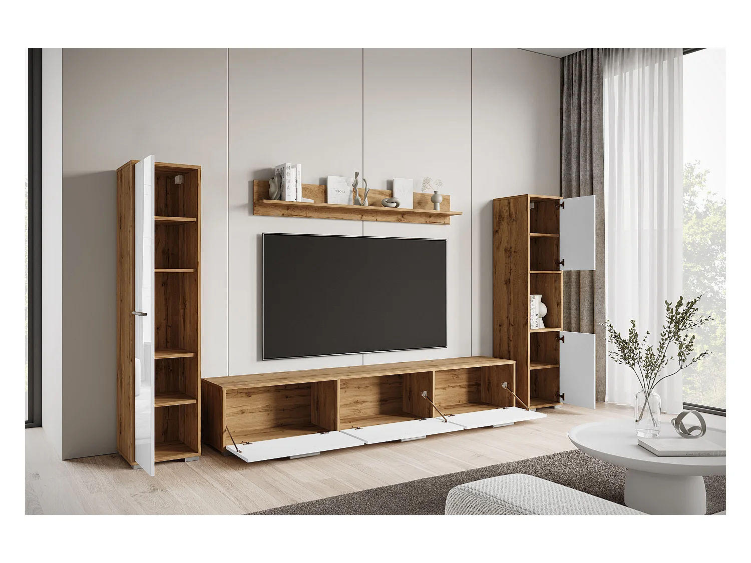 Nowoczesna meblościanka zestaw wisząco-stojący, szafka RTV 180 cm, 2 słupki, półka, korpus Dąb Wotan mat fronty biały połysk