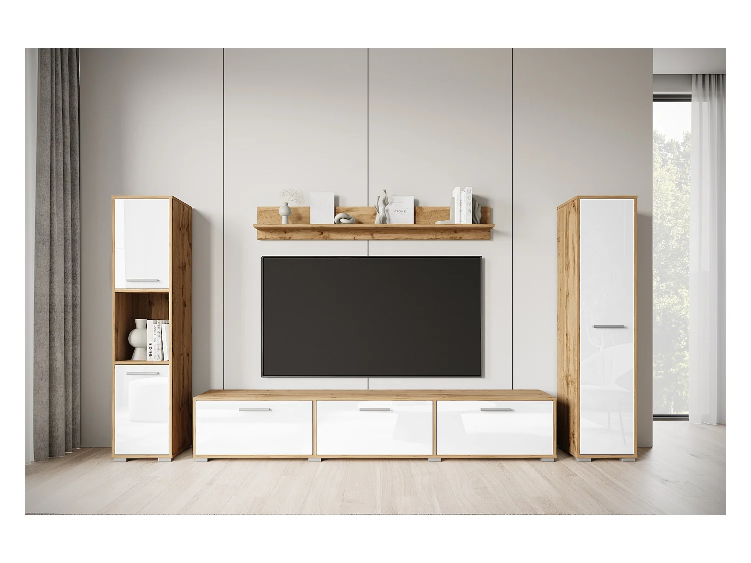 Nowoczesna meblościanka zestaw wisząco-stojący, szafka RTV 180 cm, 2 słupki, półka, korpus Dąb Wotan mat fronty biały połysk
