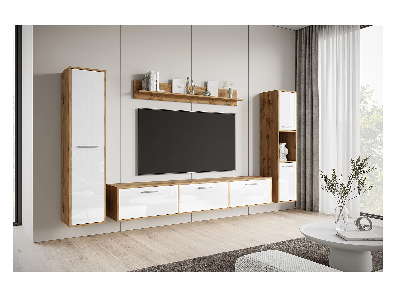 Nowoczesna meblościanka zestaw wisząco-stojący, szafka RTV 180 cm, 2 słupki, półka, korpus Dąb Wotan mat fronty biały połysk