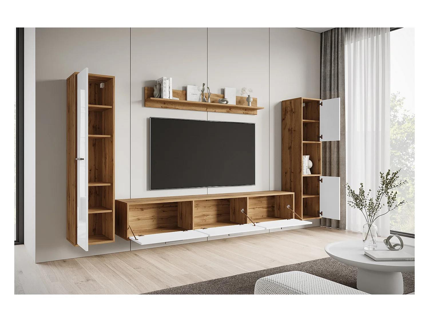 Nowoczesna meblościanka zestaw wisząco-stojący, szafka RTV 180 cm, 2 słupki, półka, korpus Dąb Wotan mat fronty biały połysk
