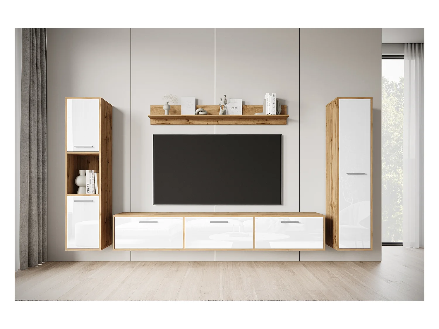 Nowoczesna meblościanka zestaw wisząco-stojący, szafka RTV 180 cm, 2 słupki, półka, korpus Dąb Wotan mat fronty biały połysk
