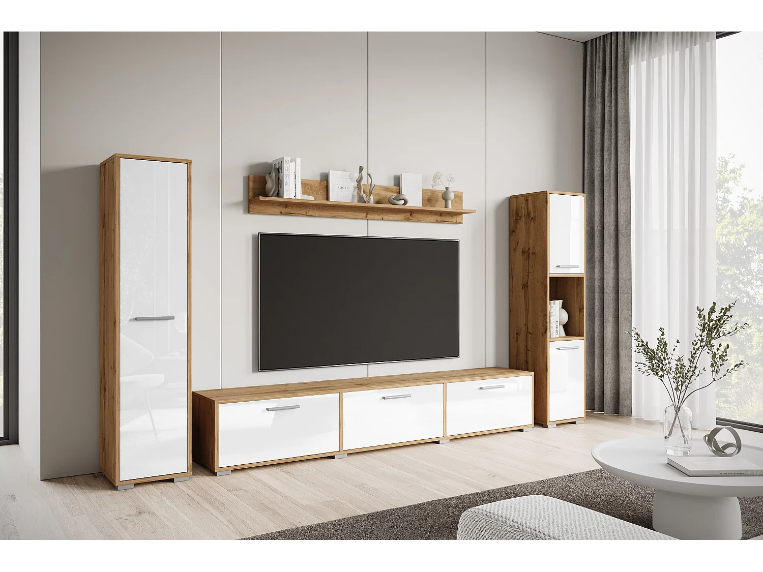 Moderne woonwand – hangend/staand, tv-meubel 180 cm, 2 kolomkasten, wandplank, corpus eik Wotan mat fronten wit hoogglans