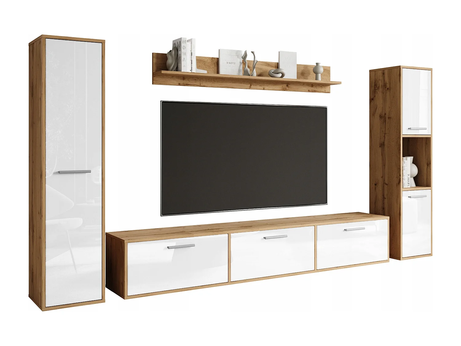 Moderne woonwand – hangend/staand, tv-meubel 180 cm, 2 kolomkasten, wandplank, corpus eik Wotan mat fronten wit hoogglans