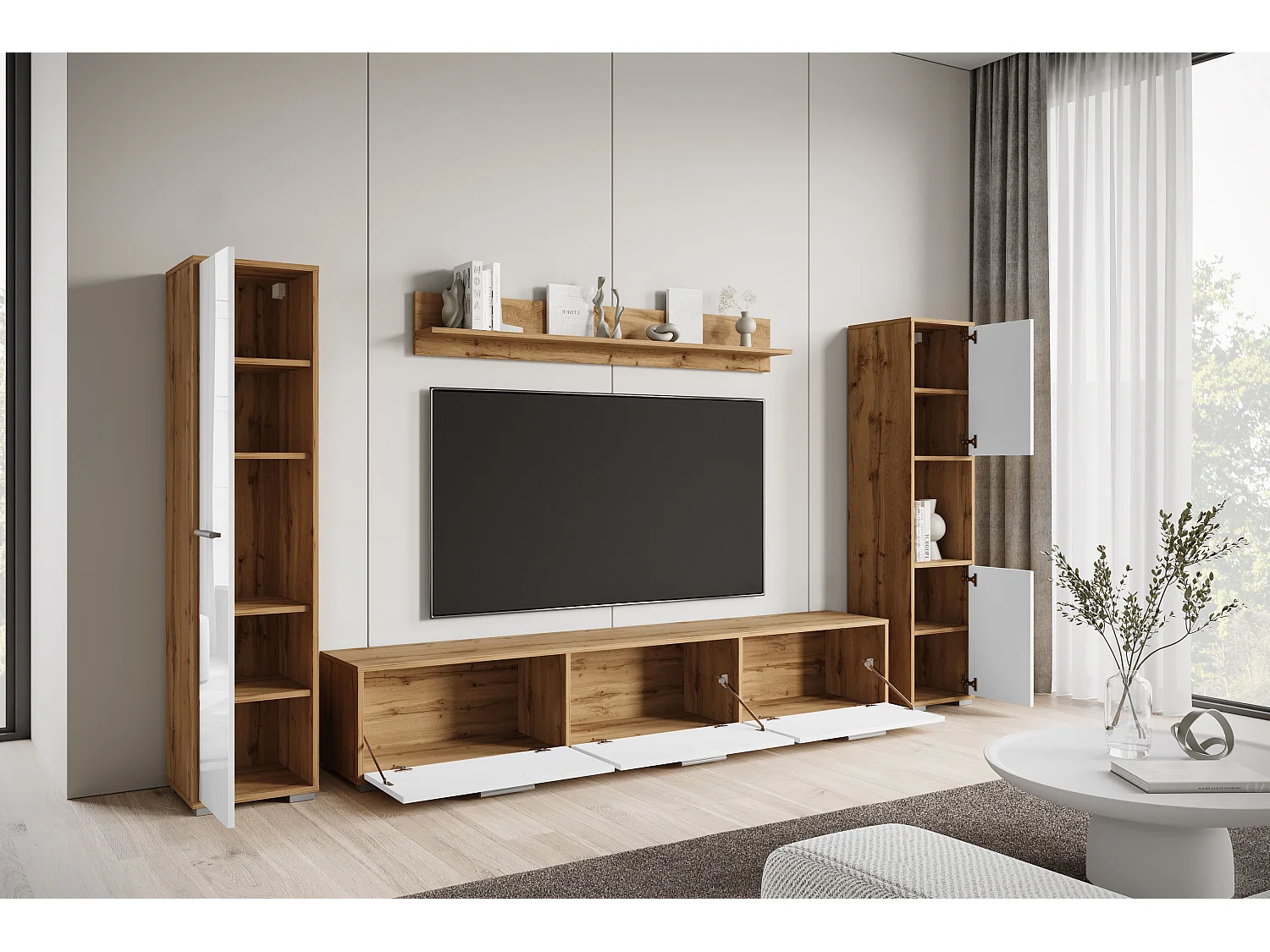 Moderne woonwand – hangend/staand, tv-meubel 180 cm, 2 kolomkasten, wandplank, corpus eik Wotan mat fronten wit hoogglans
