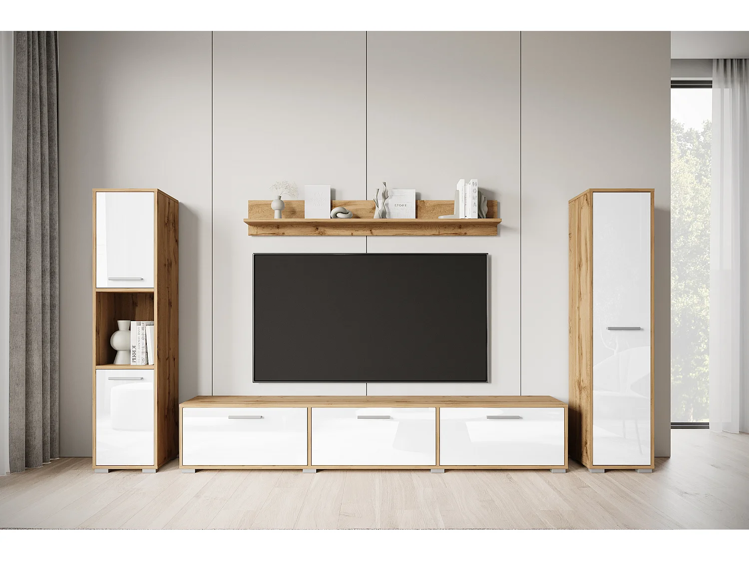 Moderne woonwand – hangend/staand, tv-meubel 180 cm, 2 kolomkasten, wandplank, corpus eik Wotan mat fronten wit hoogglans