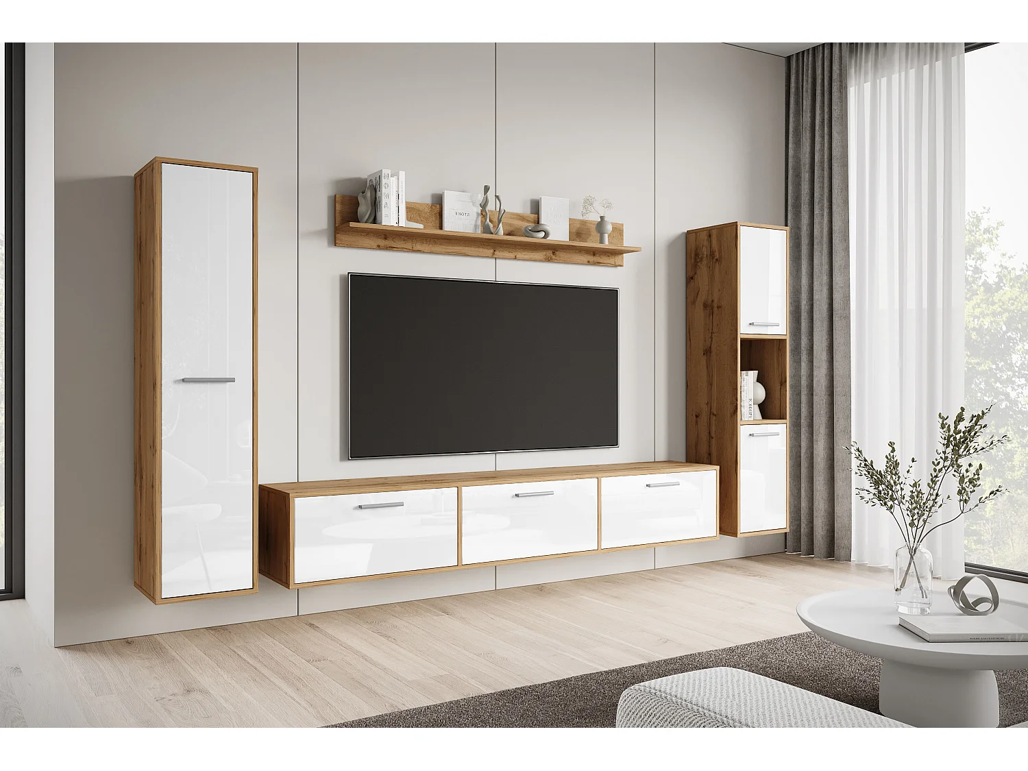 Moderne woonwand – hangend/staand, tv-meubel 180 cm, 2 kolomkasten, wandplank, corpus eik Wotan mat fronten wit hoogglans