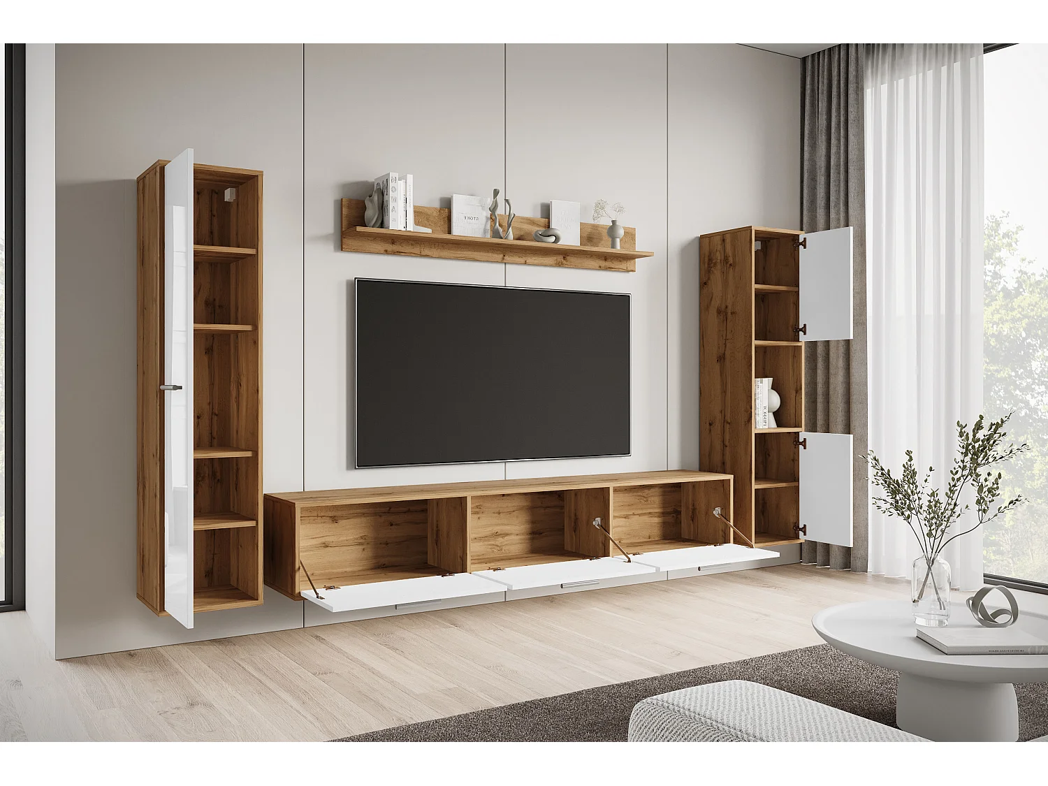 Moderne woonwand – hangend/staand, tv-meubel 180 cm, 2 kolomkasten, wandplank, corpus eik Wotan mat fronten wit hoogglans