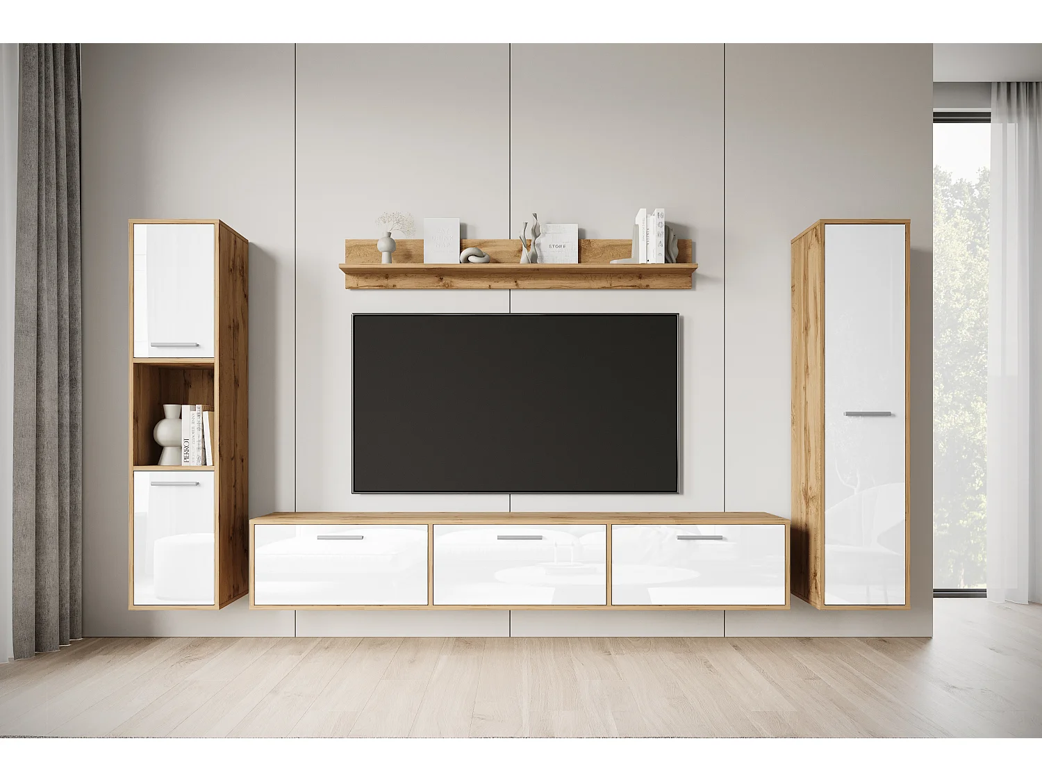 Moderne woonwand – hangend/staand, tv-meubel 180 cm, 2 kolomkasten, wandplank, corpus eik Wotan mat fronten wit hoogglans