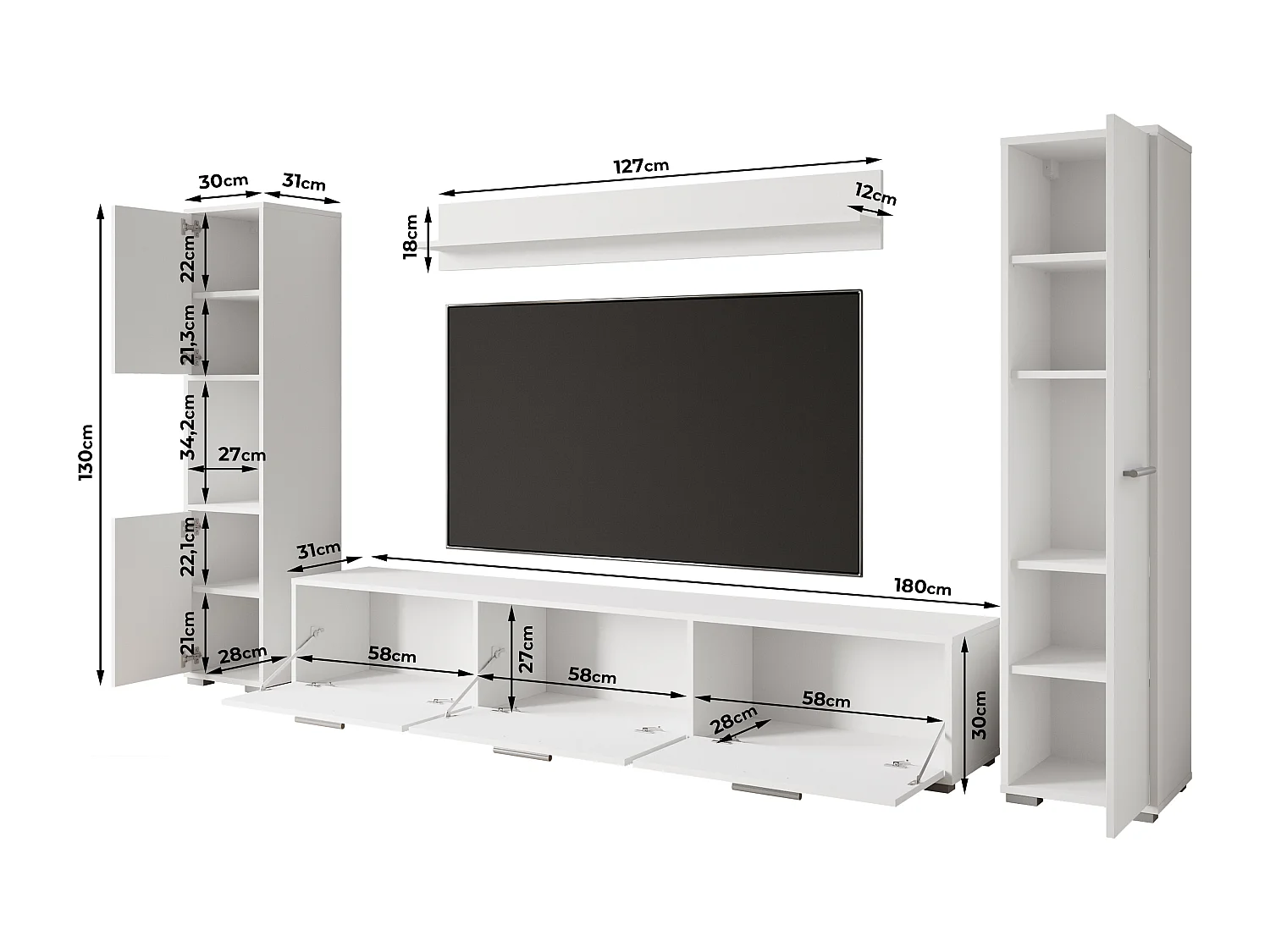 Moderne woonwand – hangend/staand, tv-meubel 180 cm, 2 kolomkasten, wandplank, corpus eik Wotan mat fronten wit hoogglans