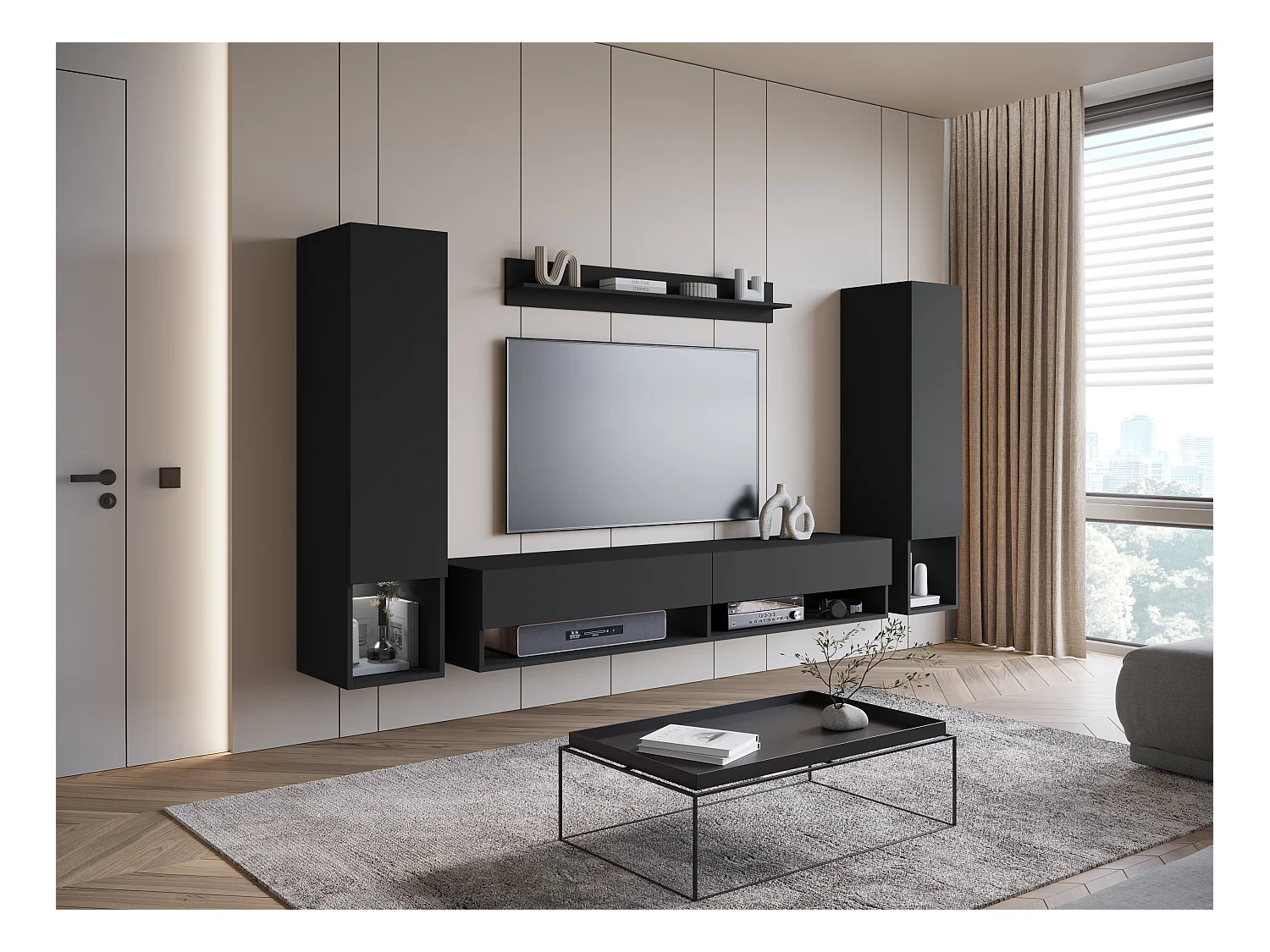 Parete attrezzata moderna – set sospeso per soggiorno con 2 colonne + mobile TV 180 cm + mensola, nero opaco