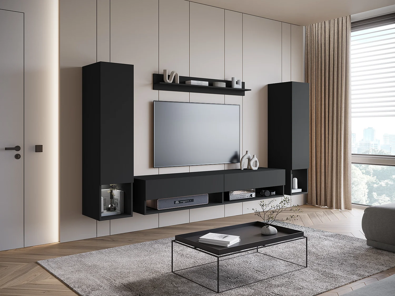 Mur TV moderne – ensemble suspendu pour salon avec 2 colonnes + meuble TV 180 cm + étagère, noir mat