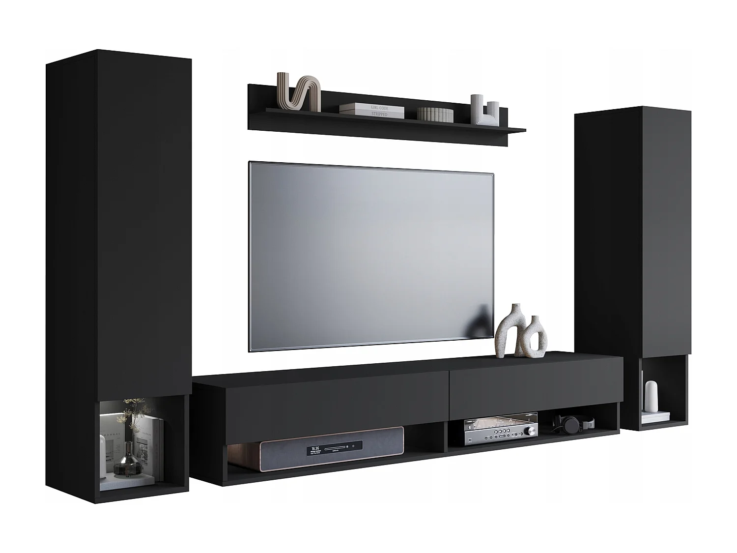 Mur TV moderne – ensemble suspendu pour salon avec 2 colonnes + meuble TV 180 cm + étagère, noir mat