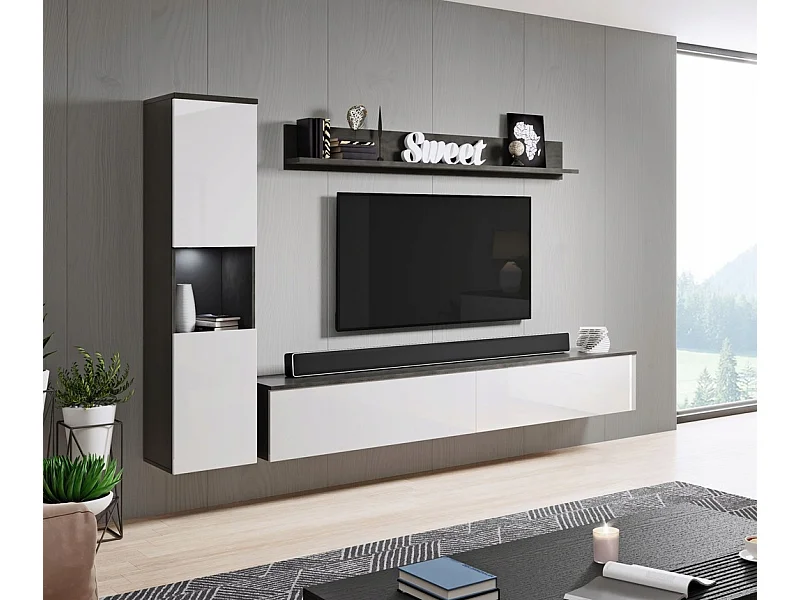 Conjunto moderno de sala 3 peças, corpo matera, frentes branco brilho, coluna e móvel de TV 180 cm
