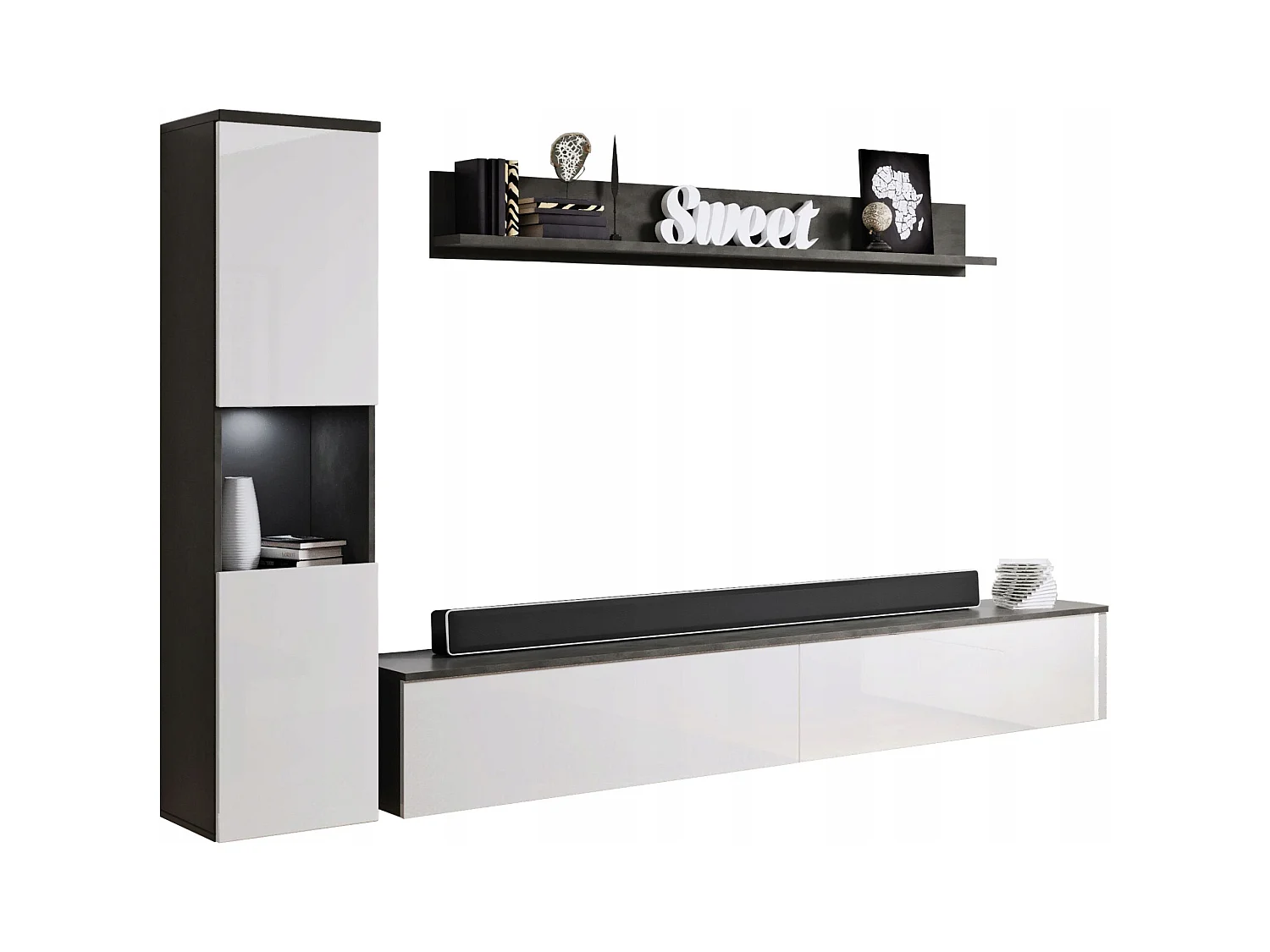 Meuble mural moderne 3 pièces pour salon, structure matera, façades blanc brillant, colonne et meuble TV 180 cm