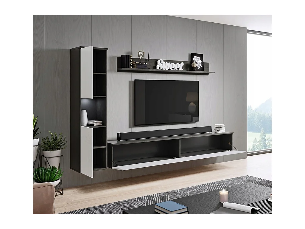 Mueble de salón moderno 3 piezas, cuerpo matera, frentes blanco brillo, columna y mueble TV 180 cm