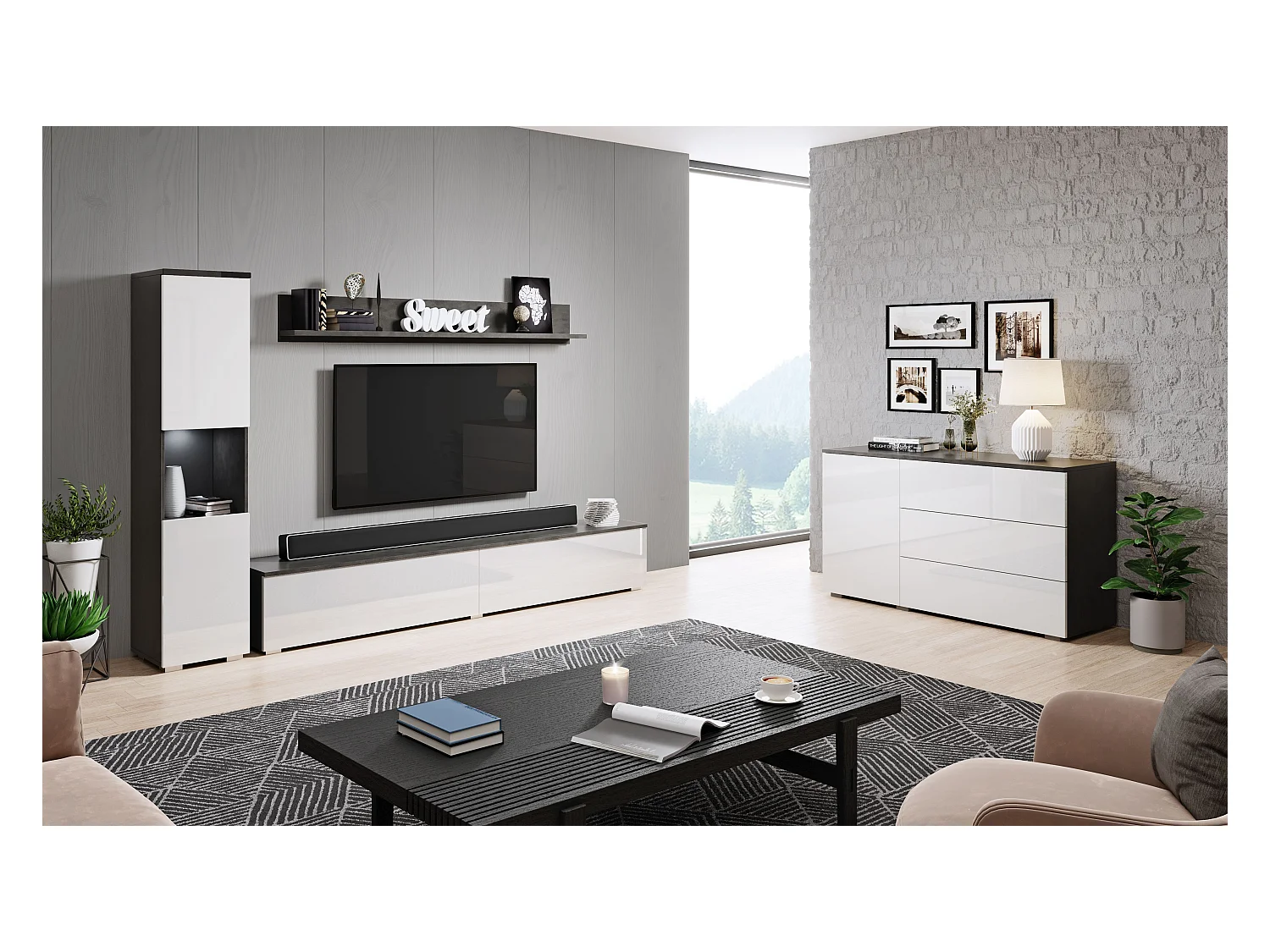 Mueble de salón moderno 3 piezas, cuerpo matera, frentes blanco brillo, columna y mueble TV 180 cm