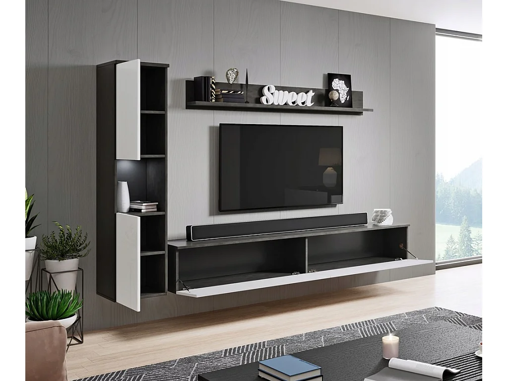 Meuble mural moderne 3 pièces pour salon, structure matera, façades blanc brillant, colonne et meuble TV 180 cm