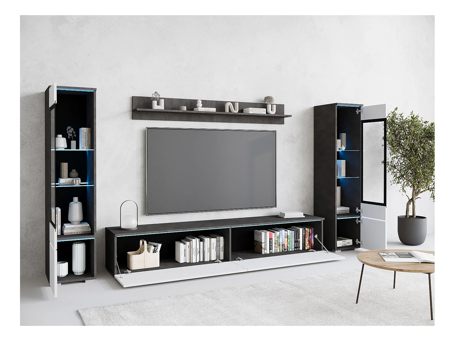 Ensemble moderne de meubles de salon 4 éléments, meuble TV 180 cm, 2 vitrines et étagère, corps matera mat, façades blanc brillant, autoportant ou suspendu