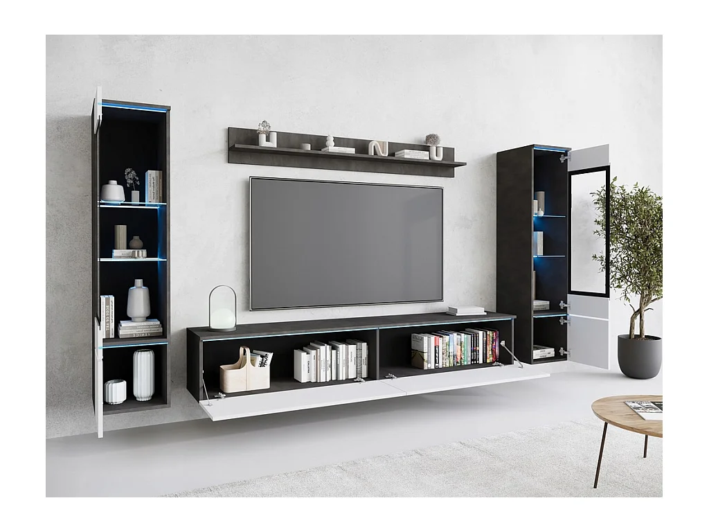 Ensemble moderne de meubles de salon 4 éléments, meuble TV 180 cm, 2 vitrines et étagère, corps matera mat, façades blanc brillant, autoportant ou suspendu