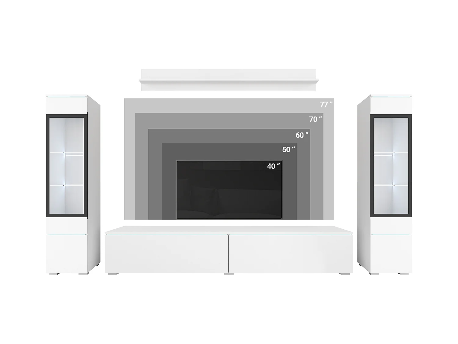 Ensemble moderne de meubles de salon 4 éléments, meuble TV 180 cm, 2 vitrines et étagère, corps matera mat, façades blanc brillant, autoportant ou suspendu