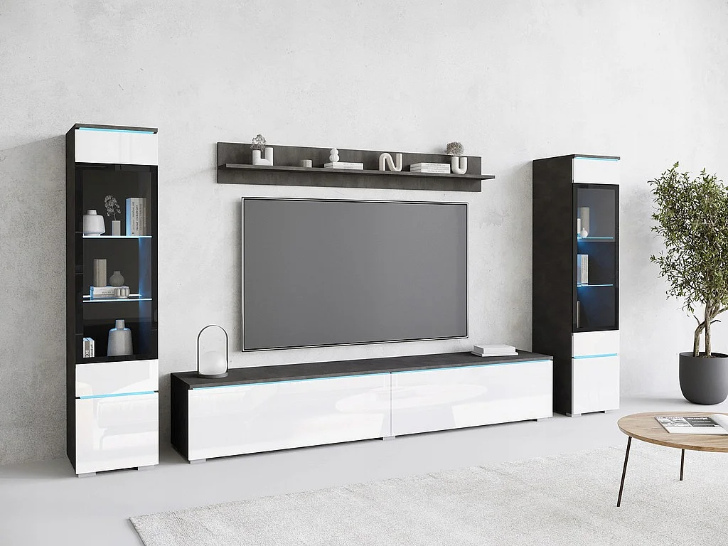 Ensemble moderne de meubles de salon 4 éléments, meuble TV 180 cm, 2 vitrines et étagère, corps matera mat, façades blanc brillant, autoportant ou suspendu