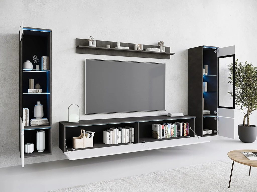 Ensemble moderne de meubles de salon 4 éléments, meuble TV 180 cm, 2 vitrines et étagère, corps matera mat, façades blanc brillant, autoportant ou suspendu