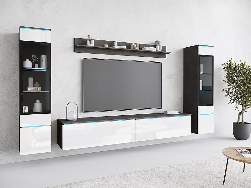 Ensemble moderne de meubles de salon 4 éléments, meuble TV 180 cm, 2 vitrines et étagère, corps matera mat, façades blanc brillant, autoportant ou suspendu