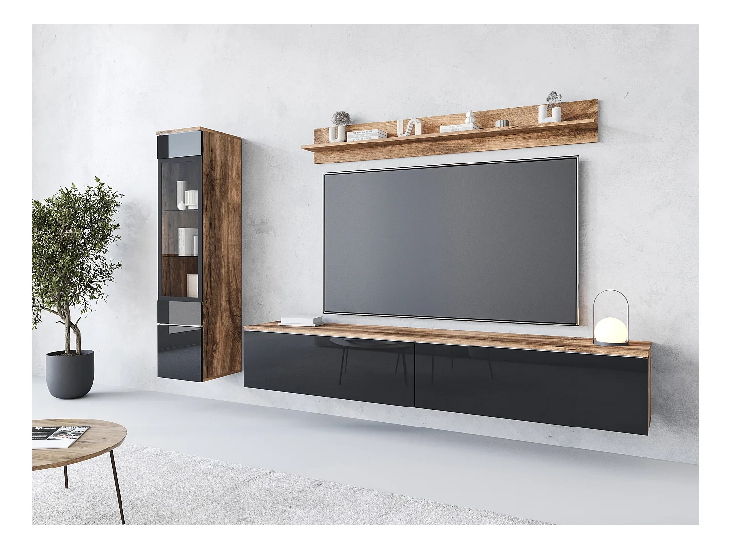 Ensemble moderne de meubles de salon 3 éléments – meuble TV 180 cm, vitrine et étagère, corps chêne Wotan mat, façades noir brillant, autoportant ou suspendu