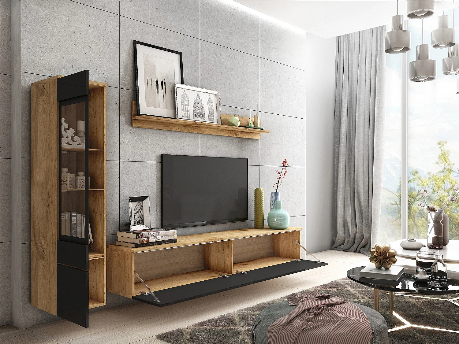 Moderne woonkamer meubelset 3-delig – TV-meubel 180 cm, vitrinekast en plank, corpus eiken Wotan mat, fronten zwart hoogglans, staand of hangend