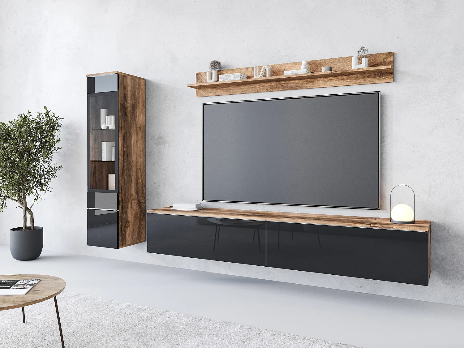 Ensemble moderne de meubles de salon 3 éléments – meuble TV 180 cm, vitrine et étagère, corps chêne Wotan mat, façades noir brillant, autoportant ou suspendu