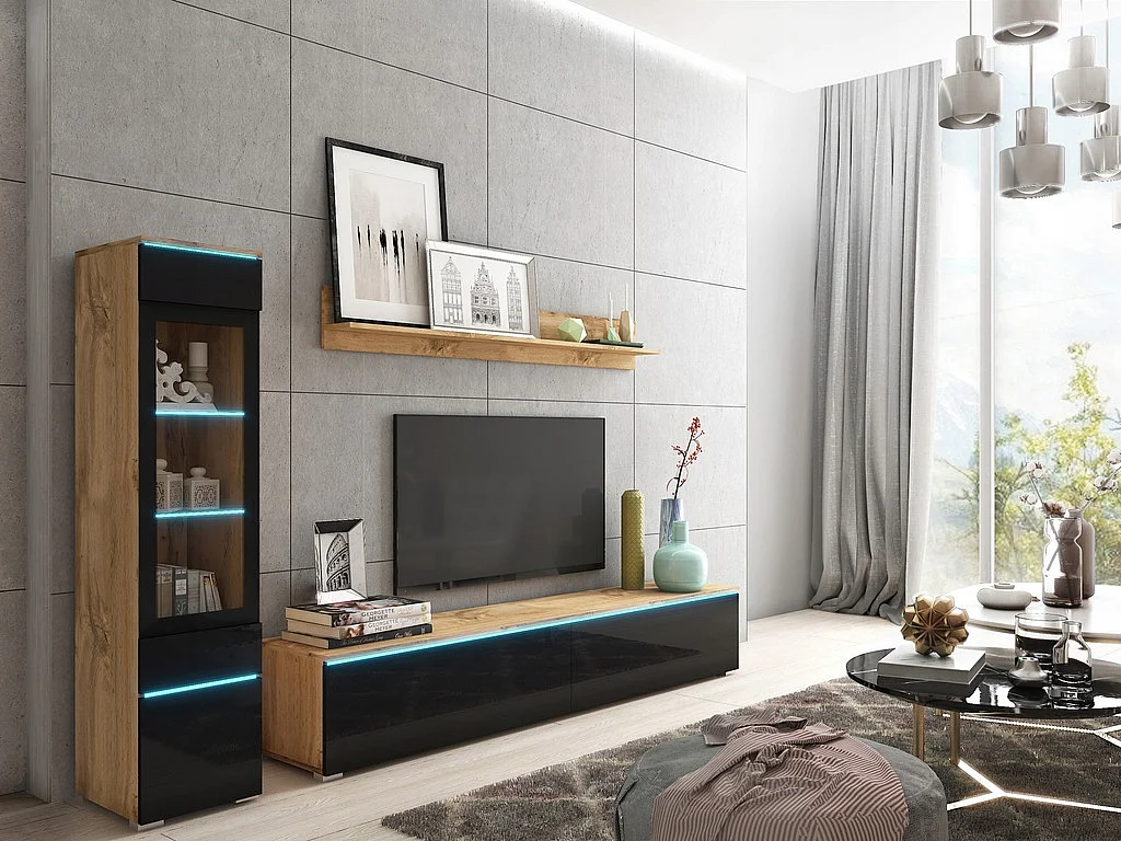 Ensemble moderne de meubles de salon 3 éléments – meuble TV 180 cm, vitrine et étagère, corps chêne Wotan mat, façades noir brillant, autoportant ou suspendu