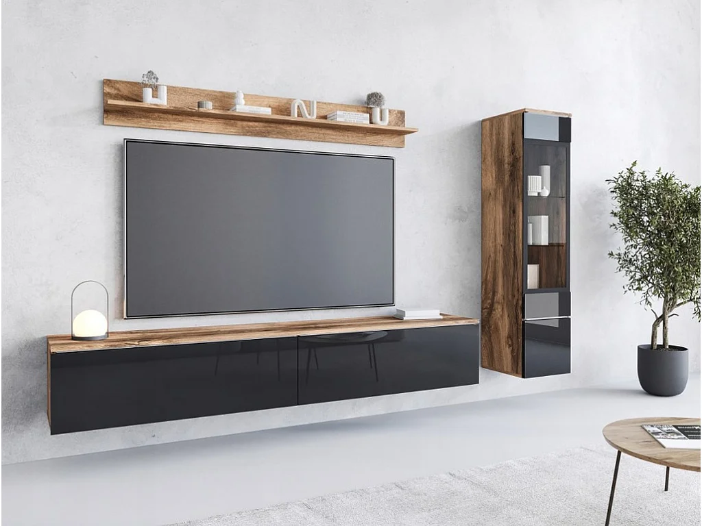 Ensemble moderne de meubles de salon 3 éléments – meuble TV 180 cm, vitrine et étagère, corps chêne Wotan mat, façades noir brillant, autoportant ou suspendu